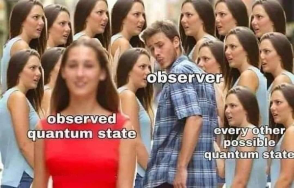 the distracted boyfriend meme
girl in red dress: observed quantum state
boyfriend: observer
girlfriend (repeated in background: Every other quantum state