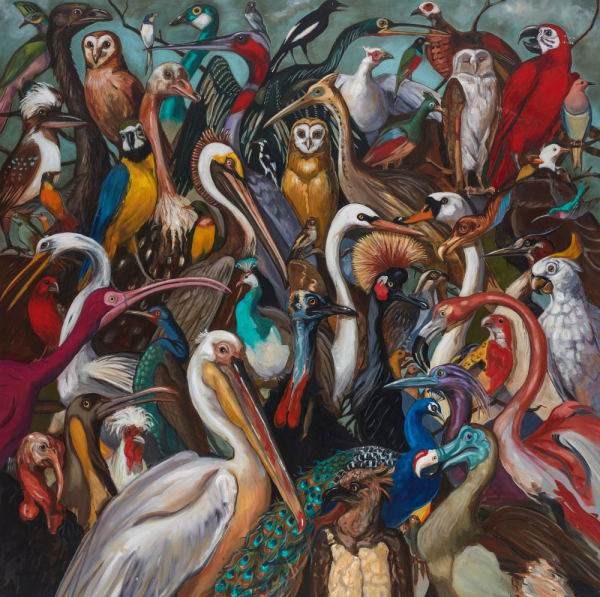 ‘Artist’s Collective, 2023–24’
by Joanna Braithwaite 
oil on canvas, 200 × 200 cm
Collection of the artist
Photography Jenni Carter
From Joanna Braithwaite: Thinking with Animals exhibition, Sydney

An oil painting of a multitude of birds in many vibrant colours.
