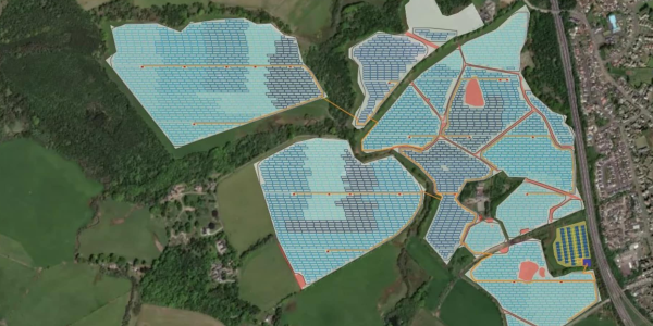 A map of the proposed solar farm, showing how it covers an area similar to the entire neighbouring village.