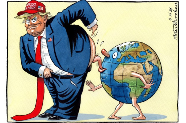 Cartoon: Nonald trump bends over while a cartoon world licks his arse.