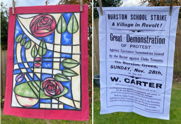 Two teatowels on a washing line.  On the left, a Rennie Mackintosh rose design, and on the right a reproduction of a newspaper announcement about a historical local protest against evictions.