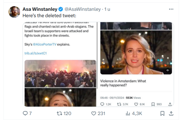 Deleted Tweet by SkyNews as noticed by Asa Winstanley

Maccabi Tel Aviv fans tore down Palestinan flags and chanted racist Anti-Arab slogans. The Israeli team's supporters were attacked and fights took place in the streets 
Sky's AlicePorterTV explains.