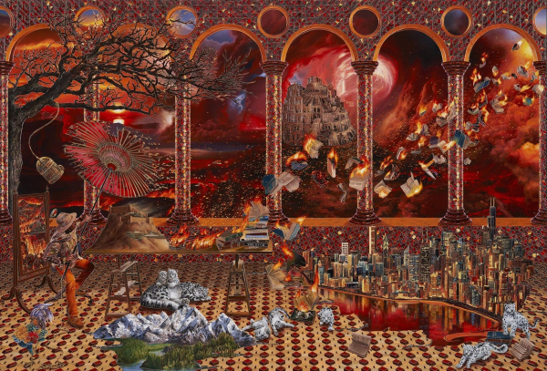 Painting of a large red and yellow tiled room with slender archways. On the floor is a model of a city and a group of snow leopard cubs, surrounded by books that are on fire blowing away into a smoldering, stormy red background