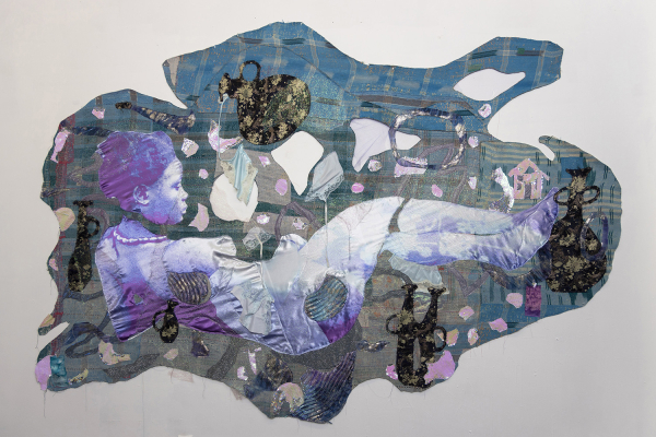 Hanging wall textile in blue and green with round cut outs throughout, and an image of a reclining Black woman in purple tones