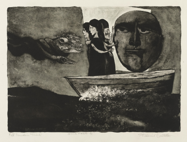 Grayscale image of a group of women in a rowboat holding a large floating face, with a group of beaked creatures flying in from the left