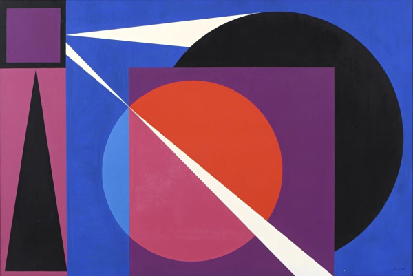 Geometric abstraction with intersecting circles and squares, in a palette of blue, black, purple, white, and red