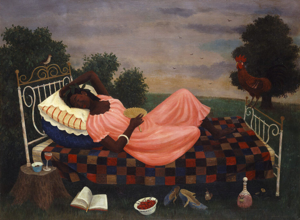 Painting of a woman in a pink dress lying in rest on a bed with a checkered quilt and metal bed frame, placed in a green field with a rooster, tree stump, and trees