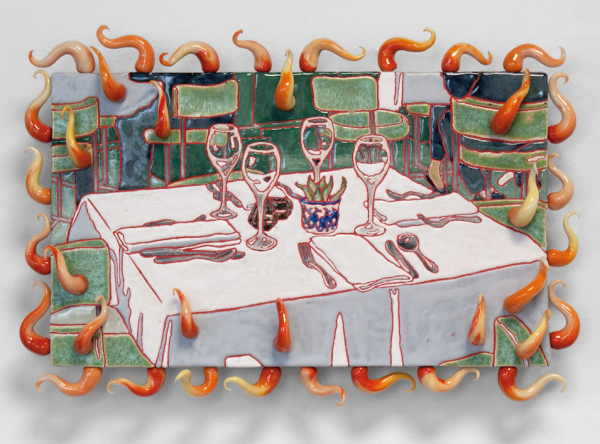 Mixed media work depicting a restaurant table set with white napkins and empty wine glasses, overlaid with orange ceramic tentacles