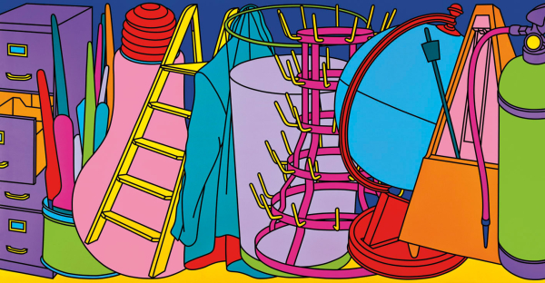 Colorful still life in a flat illustrative style, showing objects in a horizontal line including a globe, a metronome, lightbulb, and ladder, all about the same size