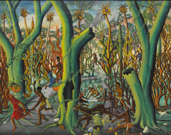 Painting of a surreal forest in which a group of Black men in grass skirts are seen running after and attacking women in loose dresses