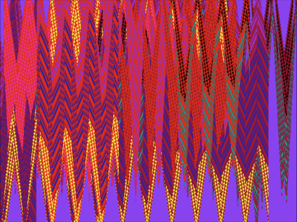 Digital abstraction with zig zag patterns in bright pink, purple, red, and yellow