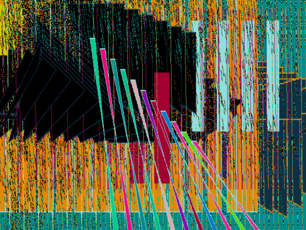 Digital abstraction with repeating lines and rectangles overlapping in a range of colors