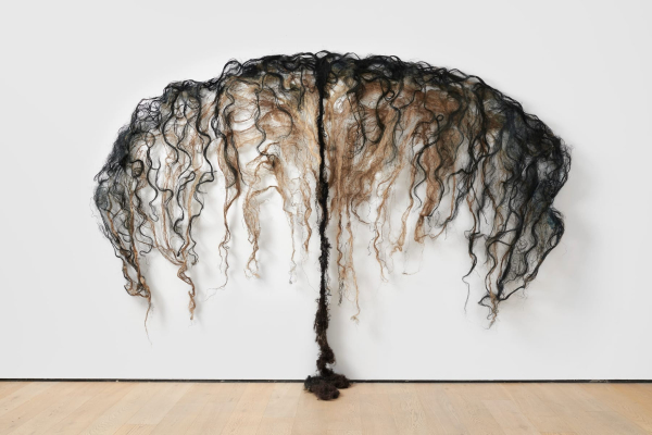 Wall sculpture of soft hair-like material fanning out horizontally and falling down the wall in waves, with a roped line in the center