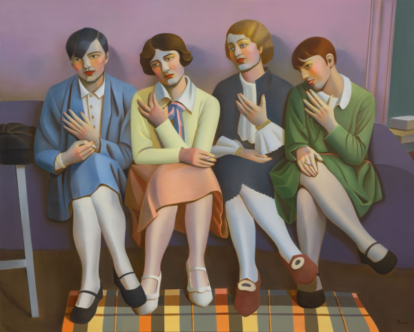 Painting in a bold style of four women with short haircuts sitting in a horizontal line, all wearing colorful dress suits and white tights, in a room with purple walls and a checkered rug