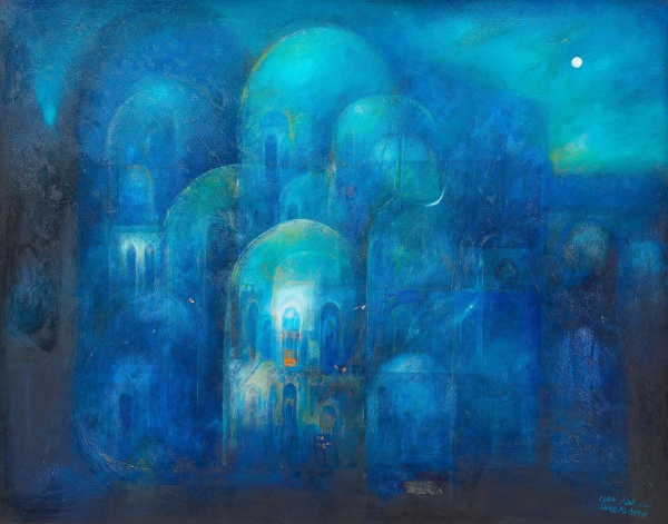 Painting of a domed city bathed in blue moonlight, in a semi-blurry, airy style