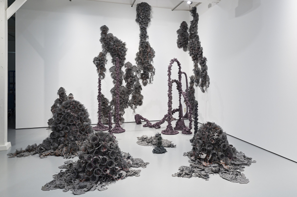 A series of black sculptures with floral, organic, drooping forms arranged in a white gallery, some hanging down from walls and ceiling