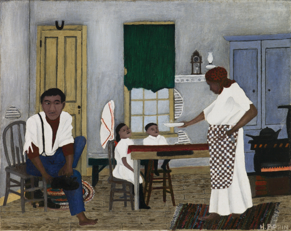 Painting of a Black family arranged in a kitchen, with a man putting on his shoes and a woman serving food to two small children