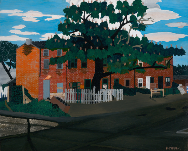 Painting of a red brick building seen from across the street, partly obscured by a large, tall tree, underneath which sits a white man obscured by a white picket fence.