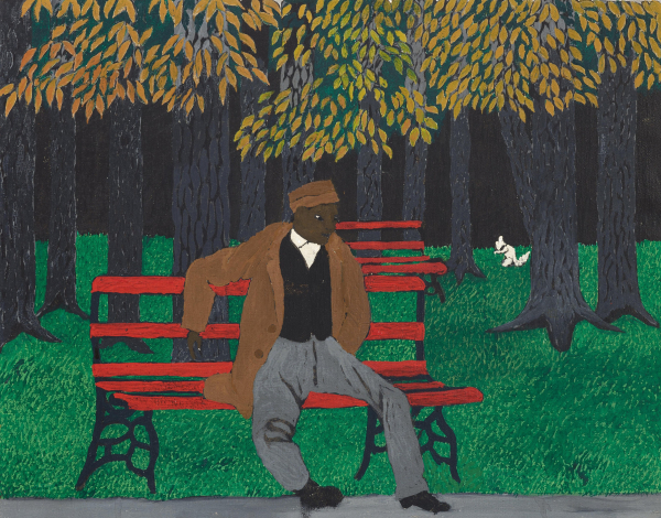 Painting of a Black man sitting on a red park bench, with dark tree trunks behind him on bright green grass, and yellow leaves above