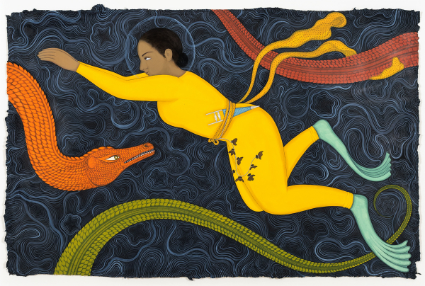 Painting of a Southeast Asian woman in a yellow diving suit swimming through swirling black water, flanked by dragon-like creatures swimming around her