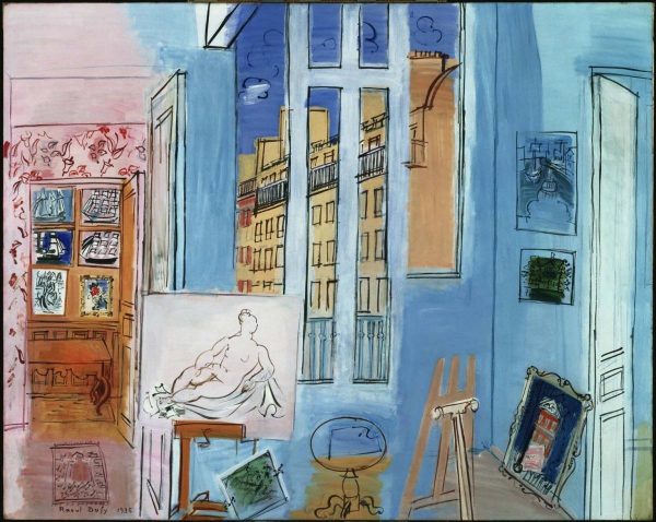 Painting of a blue-walled artist studio, showing easels and a half-finished canvas, and various pictures on the walls, and a view through a window of a tall yellow building