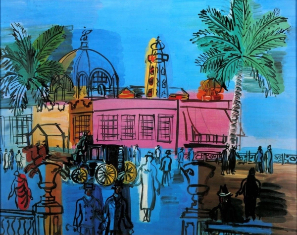 Painting of a street scene with groups of people in black outline amidst colorful buildings and palm trees