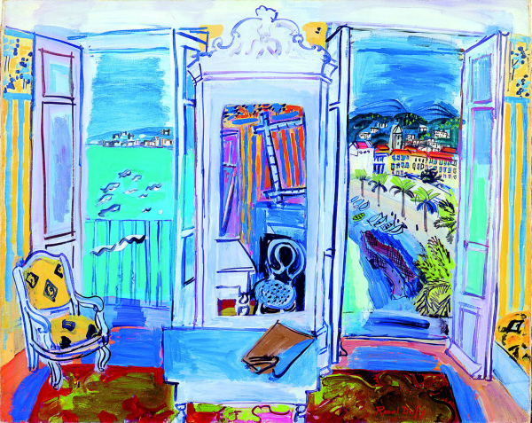 Brightly colored painting of an interior with a yellow chair and low center table, and two large open windows with a beach view