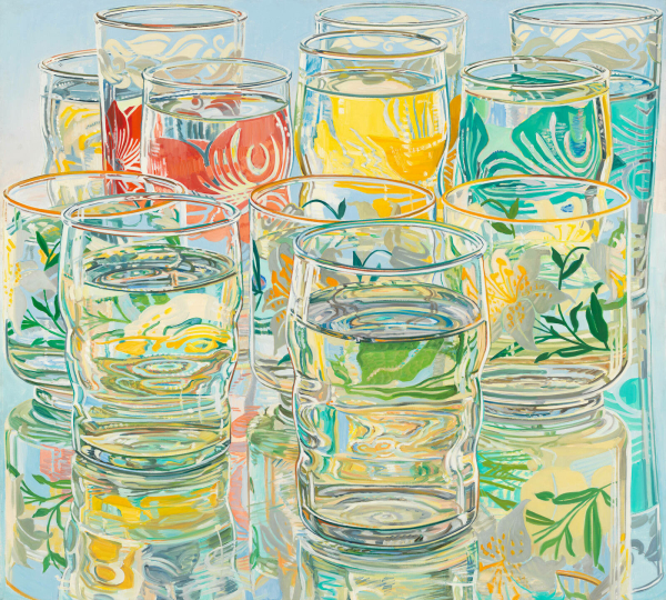 Painting of a group of clear glasses filled with water, decorated with floral motifs