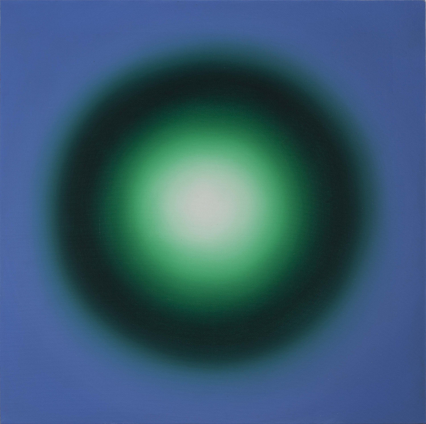 Painting of a blurry circle in green and blue shades