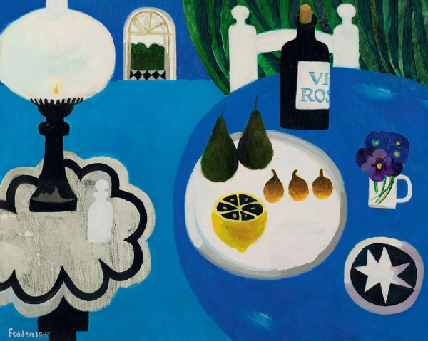 Still life painting in a simplified style of a blue room and blue table with a plate of fruit, wine, and cup with violets, and a round white lamp on a small white table next to it