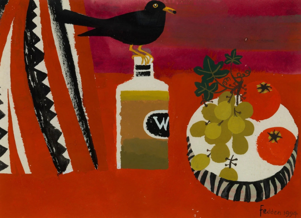 Still life painting in a simplified style of bright red space with a black bird perched on top of a bottle next to a plate of fruit