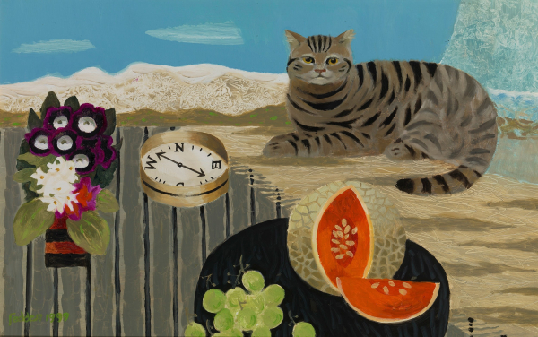 Still life painting in a simplified style of a tabby cat sitting on a wooden outdoor deck next to a plate of fruit, a compass, and a vase of flowers