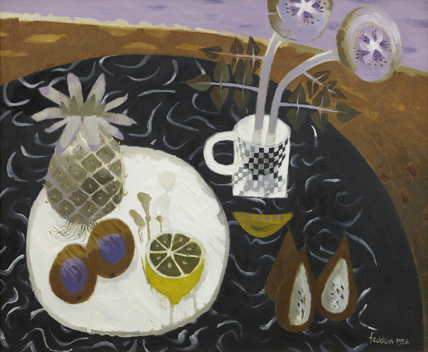 Still life painting in a simplified style of a round black table with a plate of fruit and a cup with two tall flowers