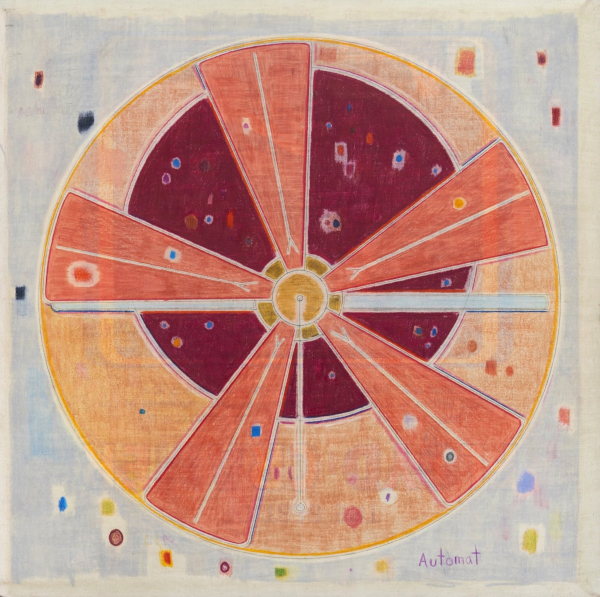 Abstract composition of a circular fan-like structure in salmon and maroon colors, against a pale blue background with floating colored shapes throughout