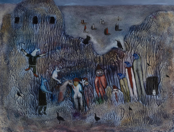 Painting of a group of people and humanoid animals spread out across a landscape with barren trees, with black outlines and gradients of purple and gray