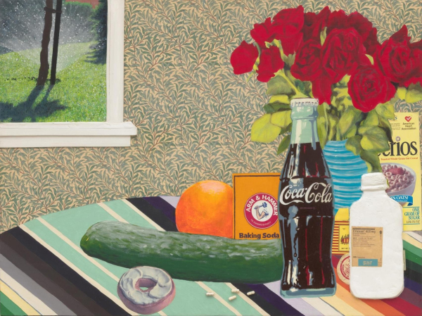 Still life of a collection of items on a striped table, including a large cucumber, glass Coke bottle, roses in a vase, and scattered white pills next to a bottle labeled "Crixivan"