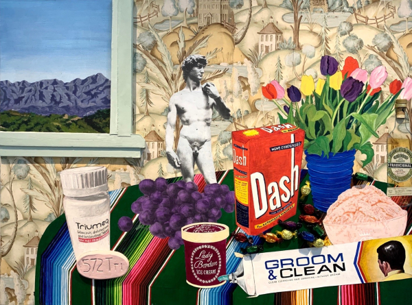 Still life of a collection of items on a striped table, including a cluster of grapes, tulips in a vase, and a "Triumeq" pill bottle, a small cut-out of Michelangelo's David, a "Groom and Clean" tube, and colorful wrapped candies (in a reference to Felix Gonzalez-Torres)