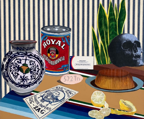 Still life of a collection of items on a striped table, including a peeled lemon, a black skull, a blue and white vase, uneaten flan, a box of Paxlovid, and label for cigarette rolling papers