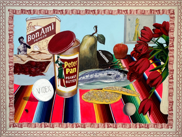 Still life of a collection of items on a striped table, including an open jar of Peter Pan peanut butter, a golf ball, a slice of cherry pie, tulips, and a large "Videx" pill