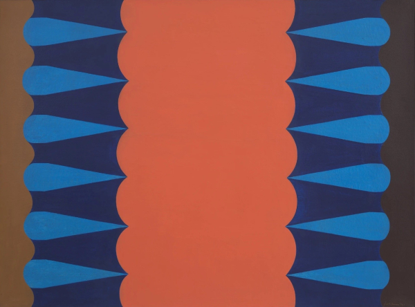 Abstract painting with an orange center and two vertical rows of blue pointed shapes