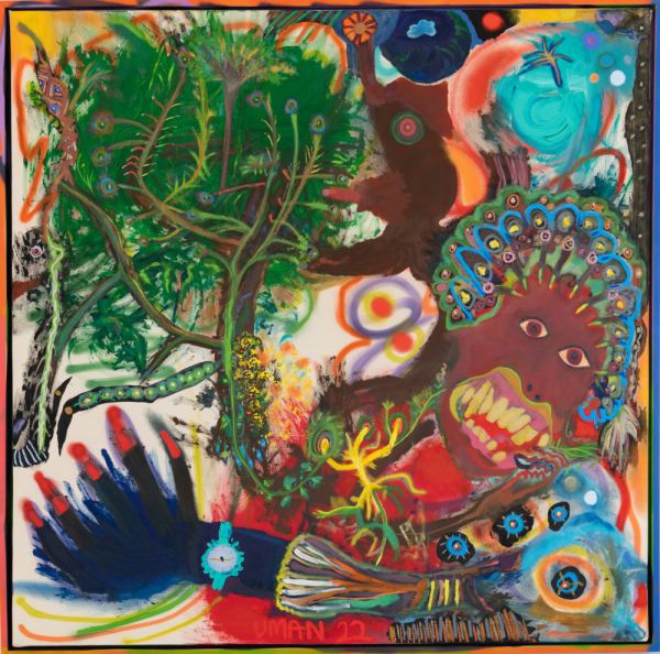 Semi-abstract square composition with playful lines and colors depicting a brown figure baring large teeth, holding a green plant in their blue hands