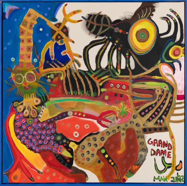 Semi-abstract square composition with playful lines and colors depicting a figure with white glasses and talon-like hands alongside curving, energetic shapes with the text "Grande Dame" in the lower corner.