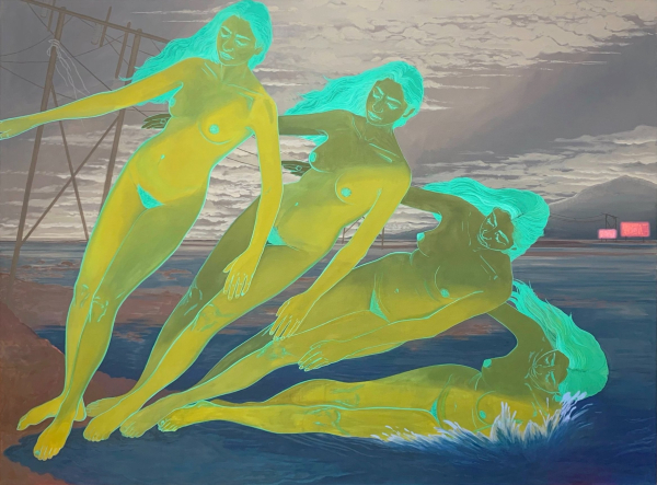 Painting of a woman with yellow-green skin and bright green hair shown in multiple frames falling to the ground, with a seascape behind her