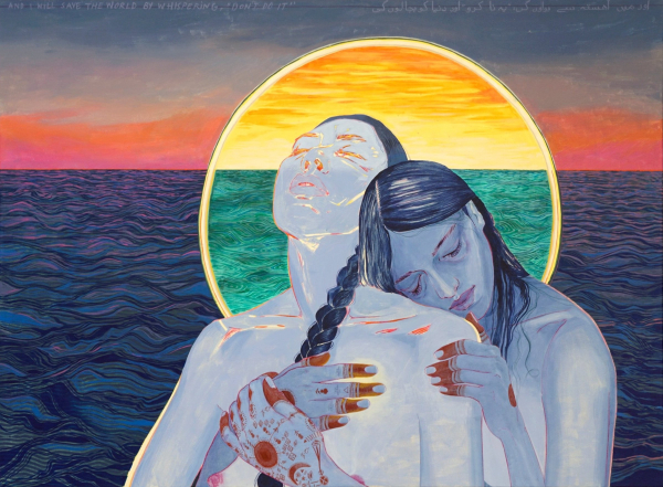 Painting of two women in grey-blue color palette embracing back-to-front, with the ocean and sunset behind them