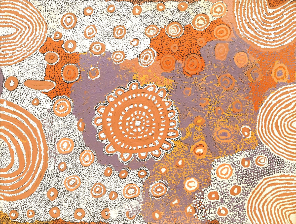 Abstract Dreaming painting of floating dots and circles in grey, orange, and white