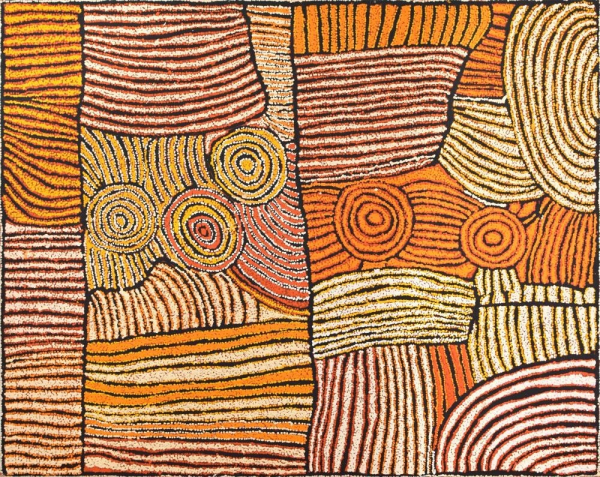 Abstract Dreaming painting of horizontal lines and curving forms and circles in orange, maroon, and sand tones