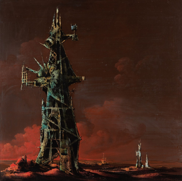 Painting of a standing structure made of hodge podge metal pieces, against a barren red landscape and cloudy red sky