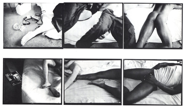 Series of black and white cropped images of a Black man and white man in bed together