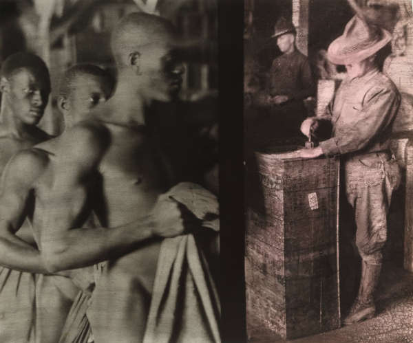 Two blurry black and white photos side by side, one of a group of nude Black men standing in line holding clothing in their hands, and the other a white man in uniform standing behind a wooden podium