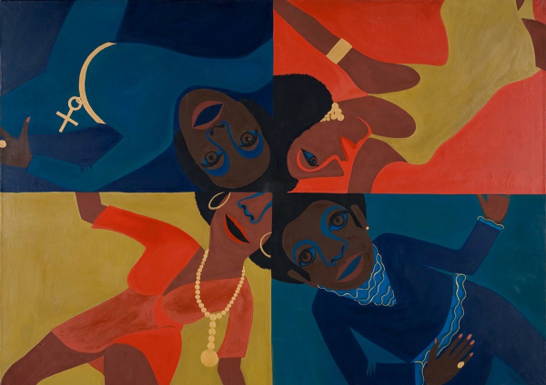 Painting in a four-part grid with four Black women lying on their backs and looking up smiling, with two in blue and two in orange and yellow